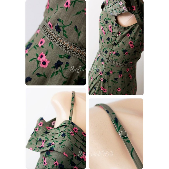 Last☝️Olive Floral Pleated Off Shoulder Cute Dress - Picture 4 of 7